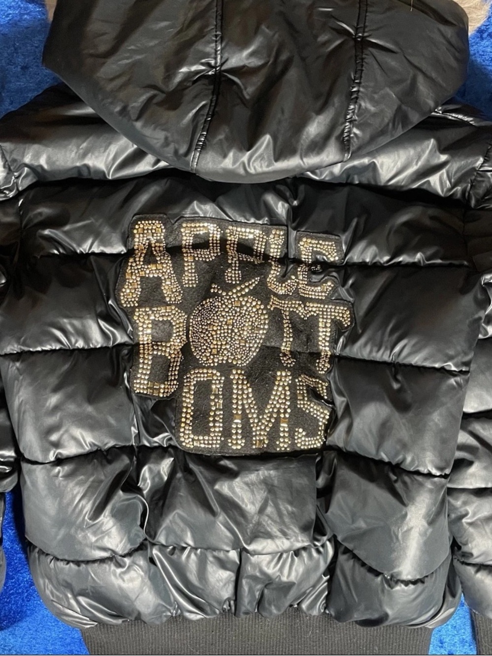 Y2K Apple Bottoms Puffer Jacket Size 2XL Black Gold Bling Hiphop 2000s